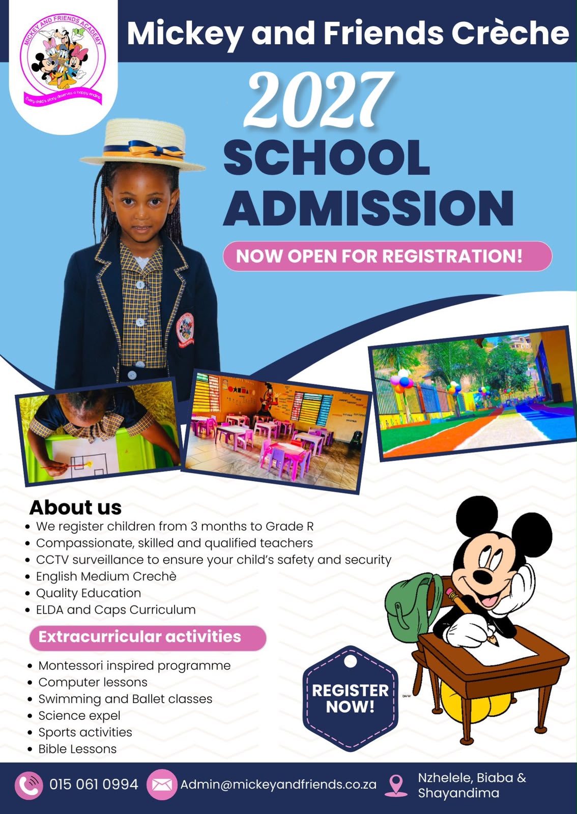 Mickey and Friends Crèche 2027 school admission poster - registration now open for ages 3 months to Grade R