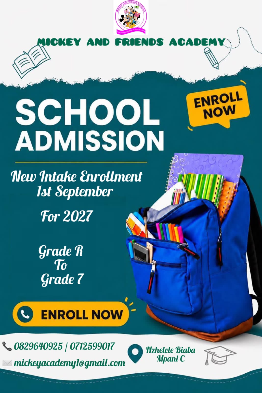 Mickey and Friends Academy 2027 school admission poster - new intake enrollment from Grade R to Grade 7